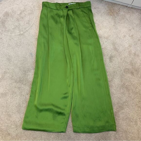 Zara green high waisted saint effect front cross over wrap pleated wide leg pant - Picture 6 of 13